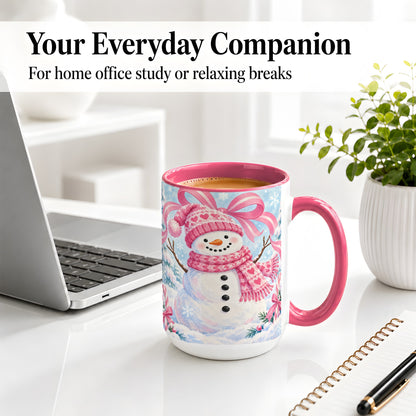#pl[15oz|Pink] Pink Snowman Christmas Ceramic Mug with Candy Cane Winter Artwork