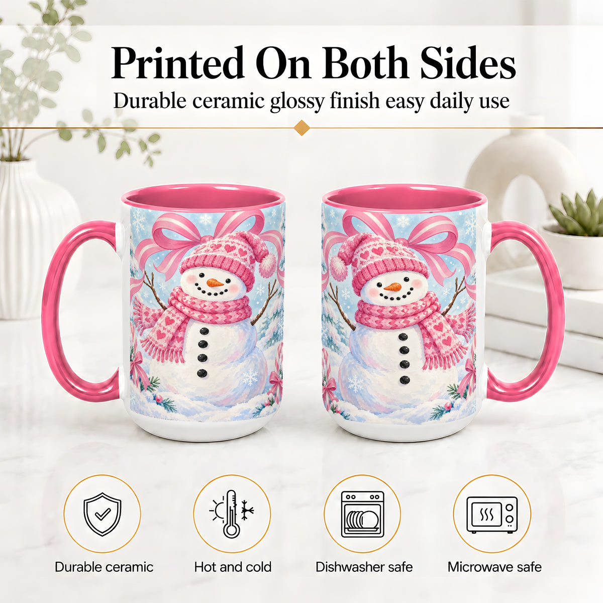 #pl[15oz|Pink] Pink Snowman Christmas Ceramic Mug with Candy Cane Winter Artwork