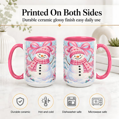 #pl[15oz|Pink] Pink Snowman Christmas Ceramic Mug with Candy Cane Winter Artwork