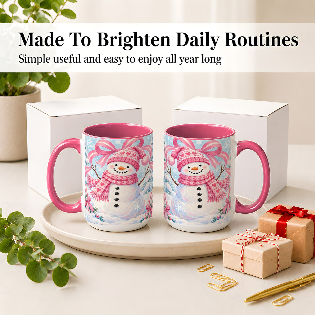 #pl[15oz|Pink] Pink Snowman Christmas Ceramic Mug with Candy Cane Winter Artwork