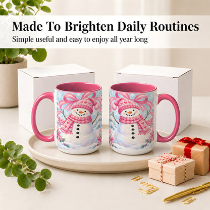 #pl[15oz|Pink] Pink Snowman Christmas Ceramic Mug with Candy Cane Winter Artwork