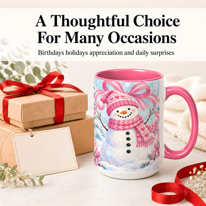#pl[15oz|Pink] Pink Snowman Christmas Ceramic Mug with Candy Cane Winter Artwork