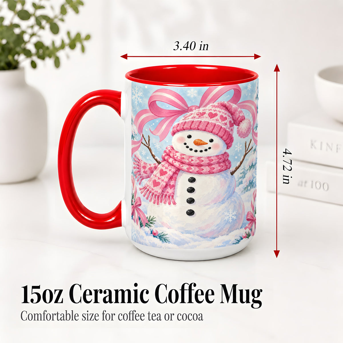 #pl[15oz|Red] Pink Snowman Christmas Ceramic Mug with Candy Cane Winter Artwork