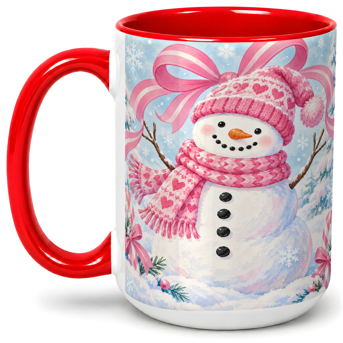#pl[15oz|Red] Pink Snowman Christmas Ceramic Mug with Candy Cane Winter Artwork