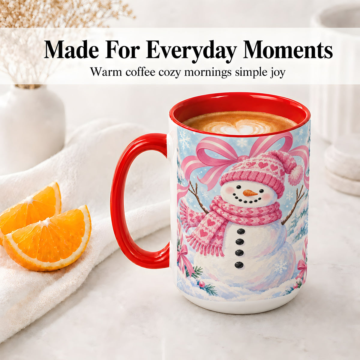 #pl[15oz|Red] Pink Snowman Christmas Ceramic Mug with Candy Cane Winter Artwork