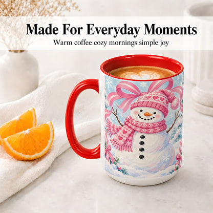 #pl[15oz|Red] Pink Snowman Christmas Ceramic Mug with Candy Cane Winter Artwork