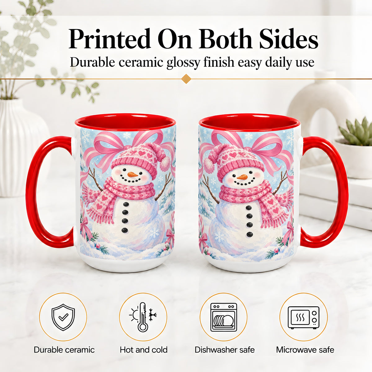 #pl[15oz|Red] Pink Snowman Christmas Ceramic Mug with Candy Cane Winter Artwork