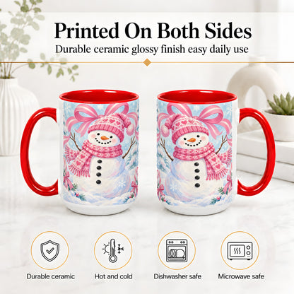 #pl[15oz|Red] Pink Snowman Christmas Ceramic Mug with Candy Cane Winter Artwork