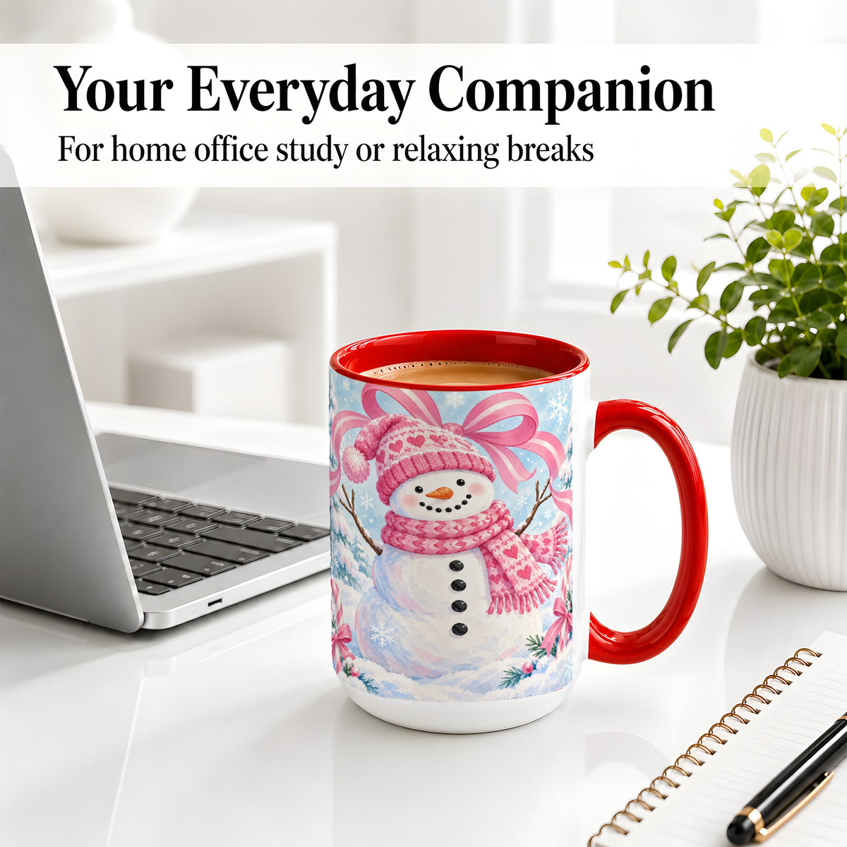 #pl[15oz|Red] Pink Snowman Christmas Ceramic Mug with Candy Cane Winter Artwork