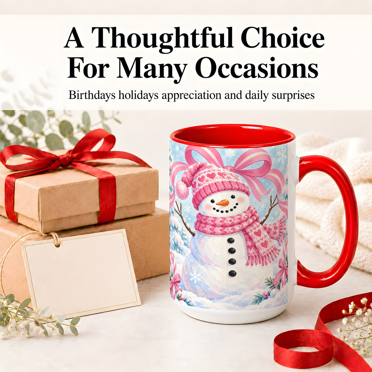 #pl[15oz|Red] Pink Snowman Christmas Ceramic Mug with Candy Cane Winter Artwork