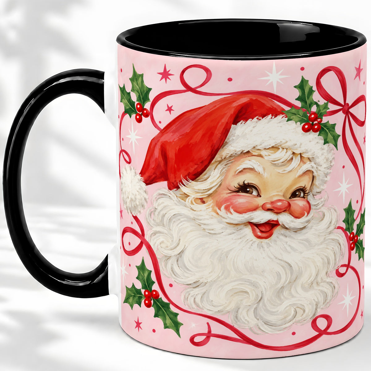 #pl[11oz|Black] Pink Santa Christmas Ceramic Mug with Holly and Ribbon Holiday Artwork