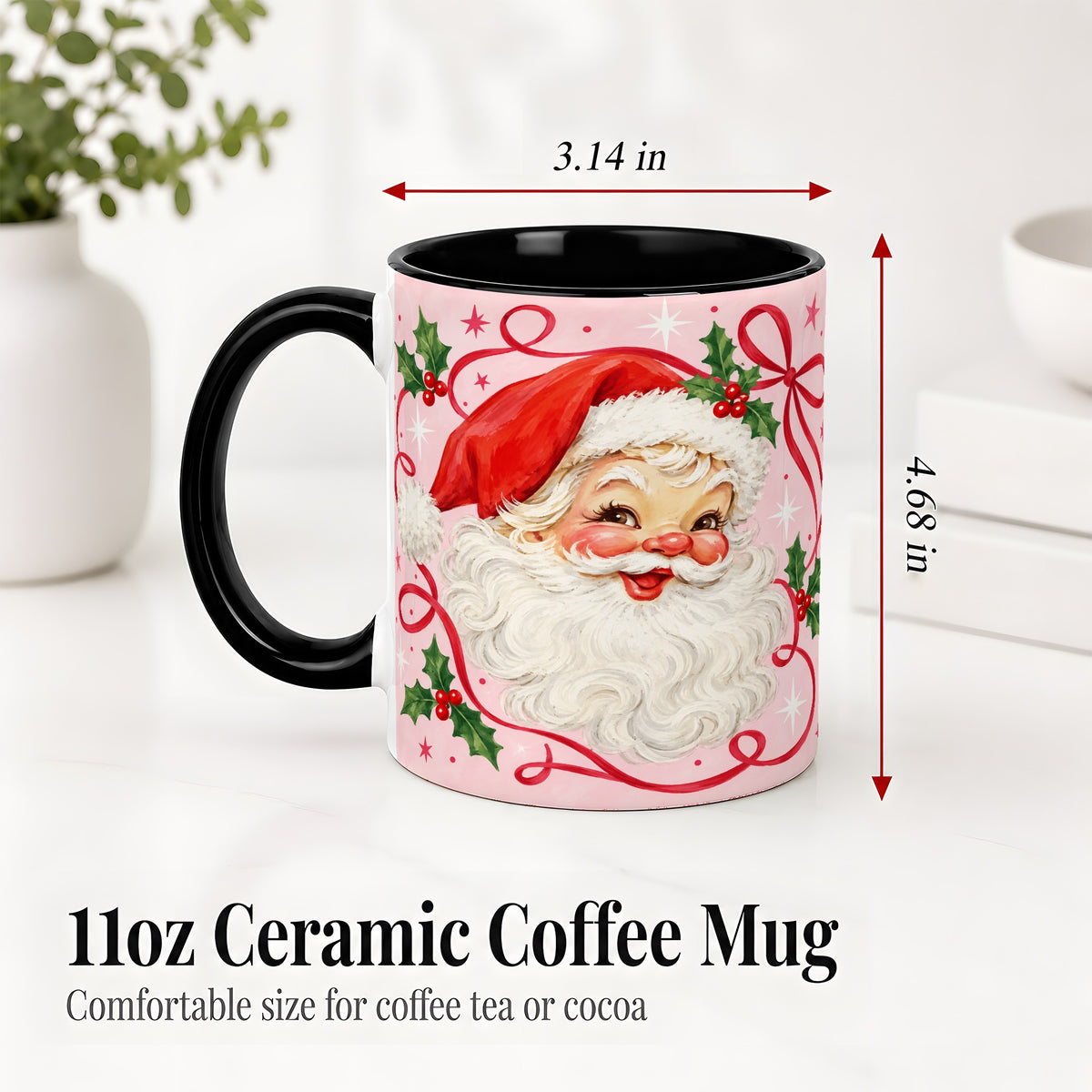 #pl[11oz|Black] Pink Santa Christmas Ceramic Mug with Holly and Ribbon Holiday Artwork