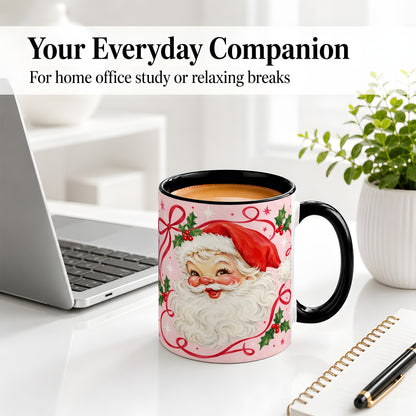 #pl[11oz|Black] Pink Santa Christmas Ceramic Mug with Holly and Ribbon Holiday Artwork