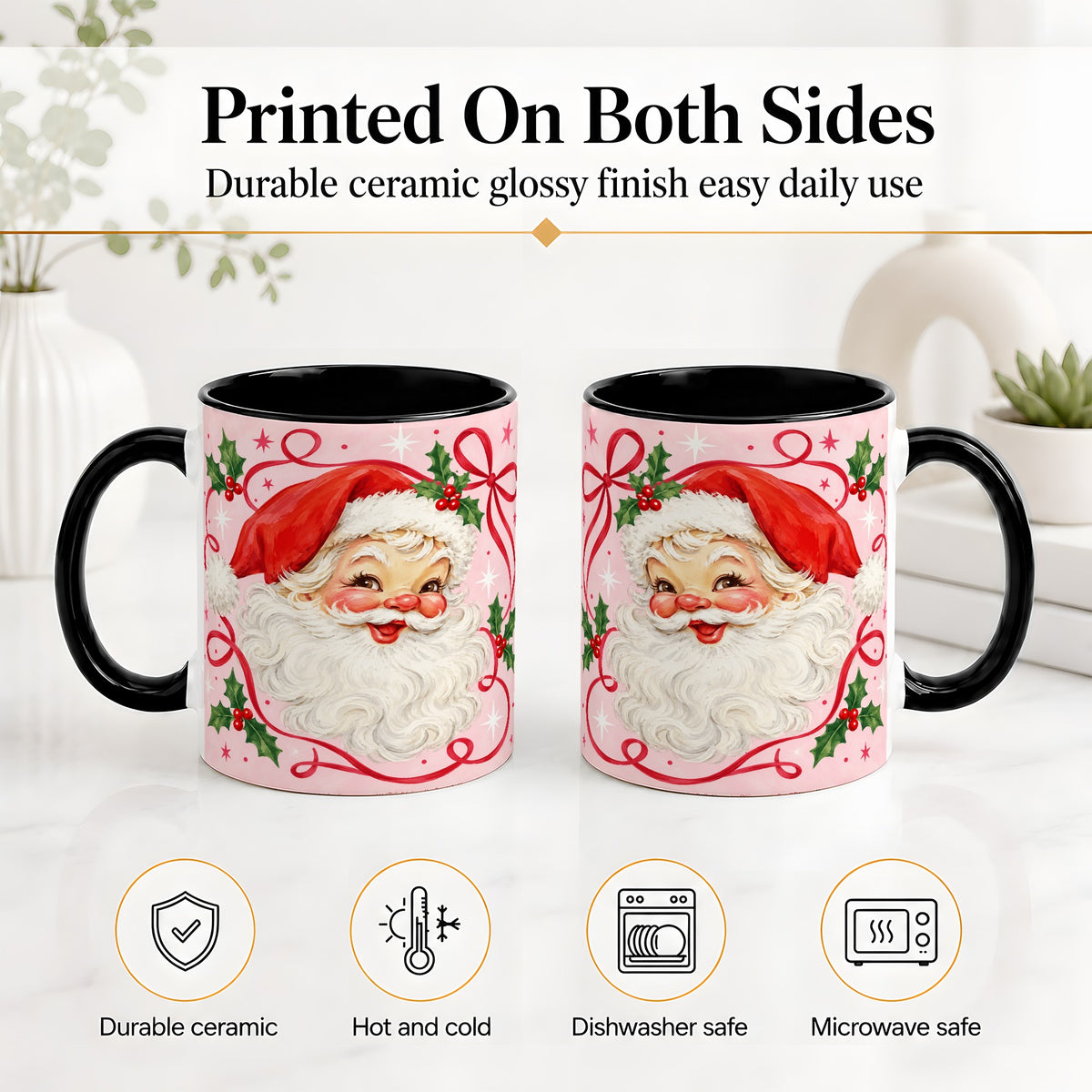 #pl[11oz|Black] Pink Santa Christmas Ceramic Mug with Holly and Ribbon Holiday Artwork