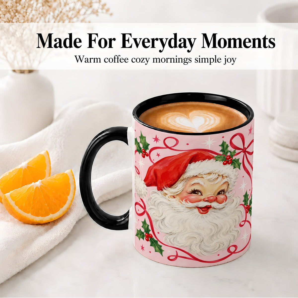 #pl[11oz|Black] Pink Santa Christmas Ceramic Mug with Holly and Ribbon Holiday Artwork