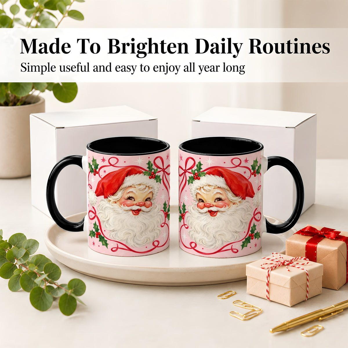 #pl[11oz|Black] Pink Santa Christmas Ceramic Mug with Holly and Ribbon Holiday Artwork