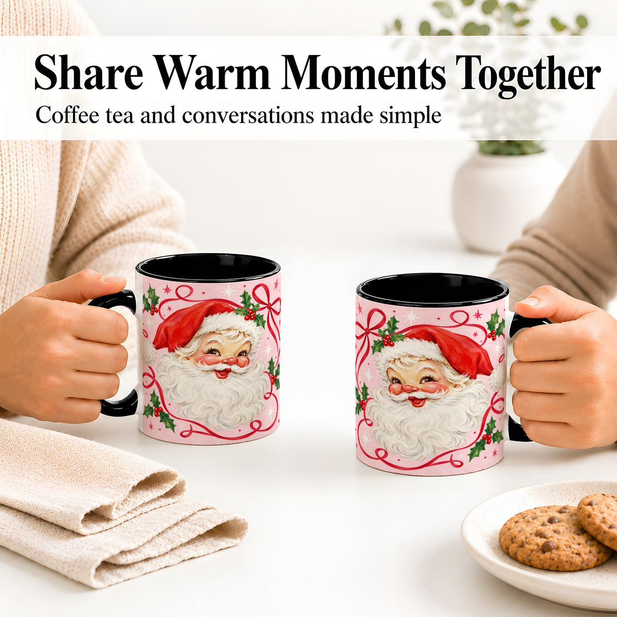 #pl[11oz|Black] Pink Santa Christmas Ceramic Mug with Holly and Ribbon Holiday Artwork