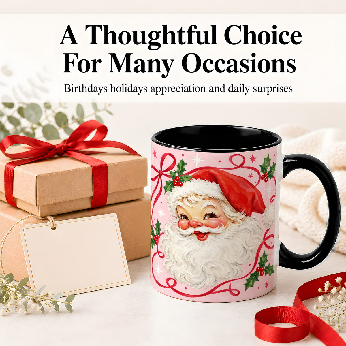 #pl[11oz|Black] Pink Santa Christmas Ceramic Mug with Holly and Ribbon Holiday Artwork