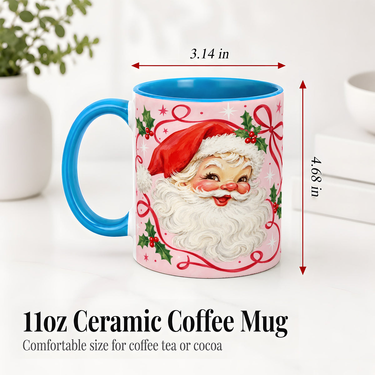#pl[11oz|Blue] Pink Santa Christmas Ceramic Mug with Holly and Ribbon Holiday Artwork