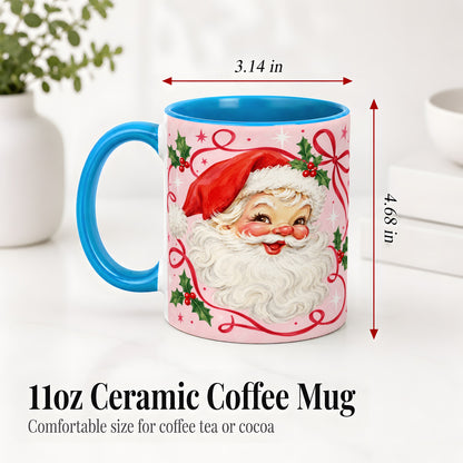 #pl[11oz|Blue] Pink Santa Christmas Ceramic Mug with Holly and Ribbon Holiday Artwork