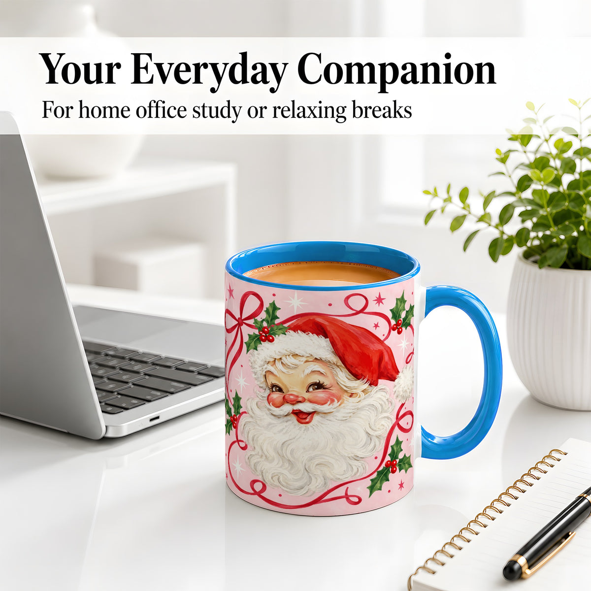 #pl[11oz|Blue] Pink Santa Christmas Ceramic Mug with Holly and Ribbon Holiday Artwork