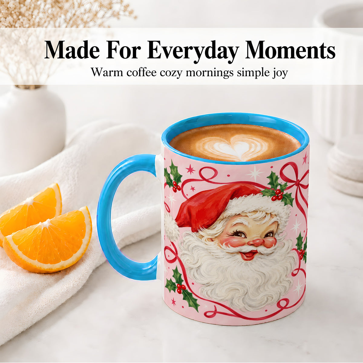 #pl[11oz|Blue] Pink Santa Christmas Ceramic Mug with Holly and Ribbon Holiday Artwork