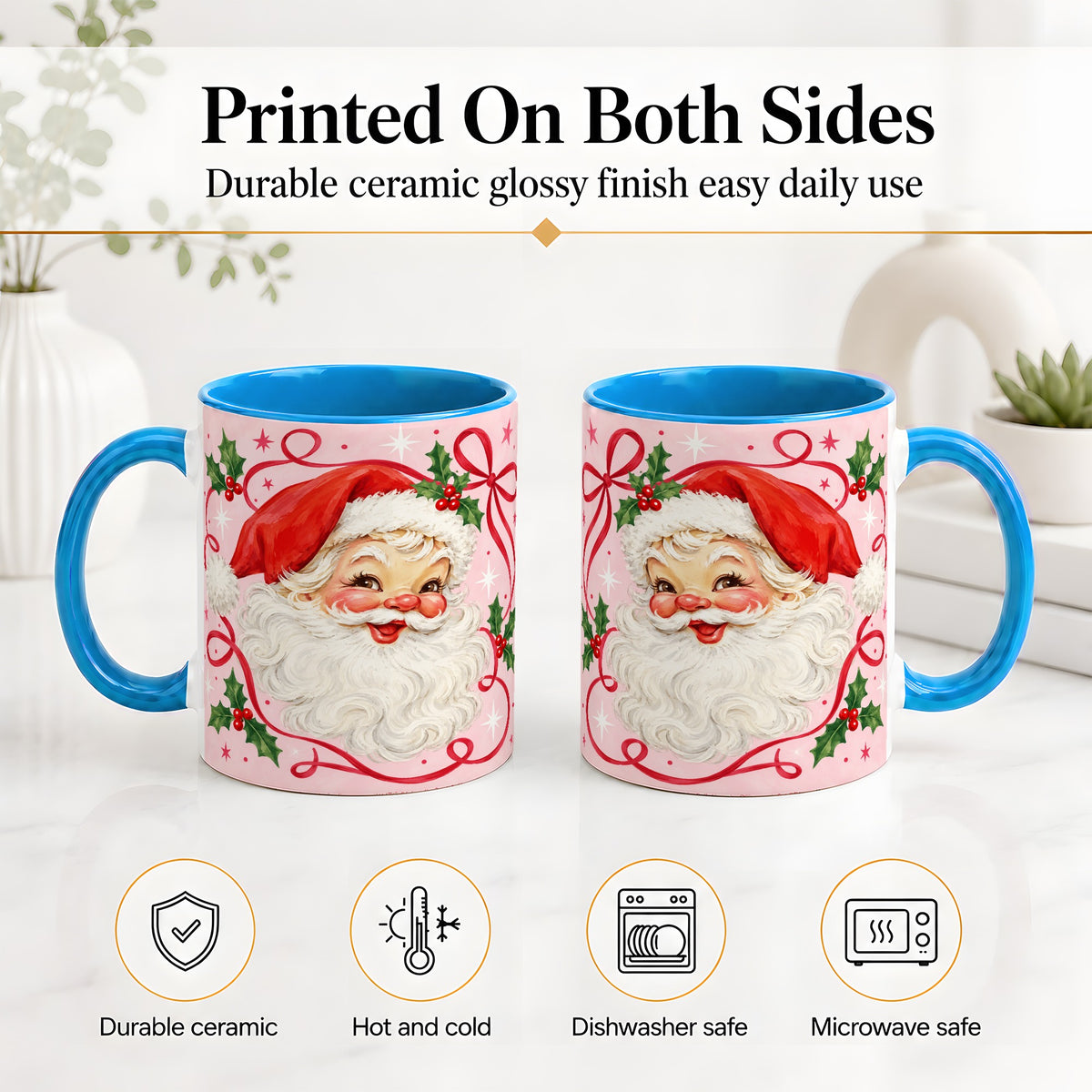 #pl[11oz|Blue] Pink Santa Christmas Ceramic Mug with Holly and Ribbon Holiday Artwork