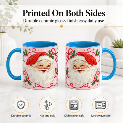 #pl[11oz|Blue] Pink Santa Christmas Ceramic Mug with Holly and Ribbon Holiday Artwork