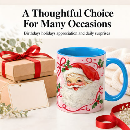 #pl[11oz|Blue] Pink Santa Christmas Ceramic Mug with Holly and Ribbon Holiday Artwork
