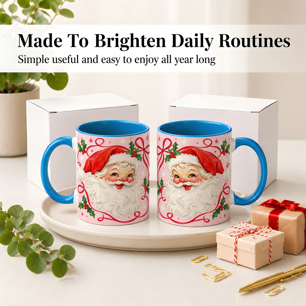 #pl[11oz|Blue] Pink Santa Christmas Ceramic Mug with Holly and Ribbon Holiday Artwork