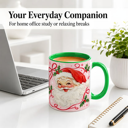 #pl[11oz|Green] Pink Santa Christmas Ceramic Mug with Holly and Ribbon Holiday Artwork