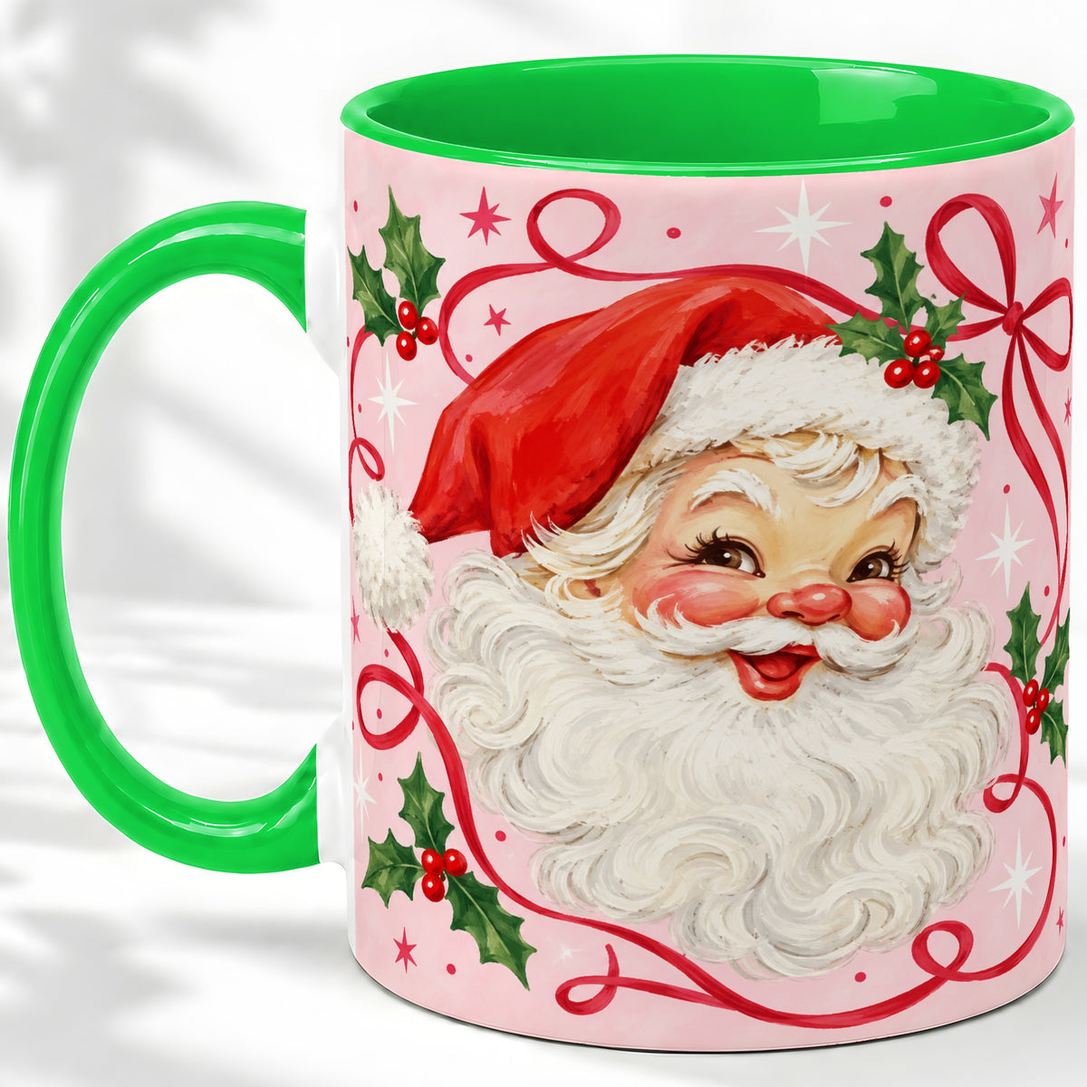 #pl[11oz|Green] Pink Santa Christmas Ceramic Mug with Holly and Ribbon Holiday Artwork