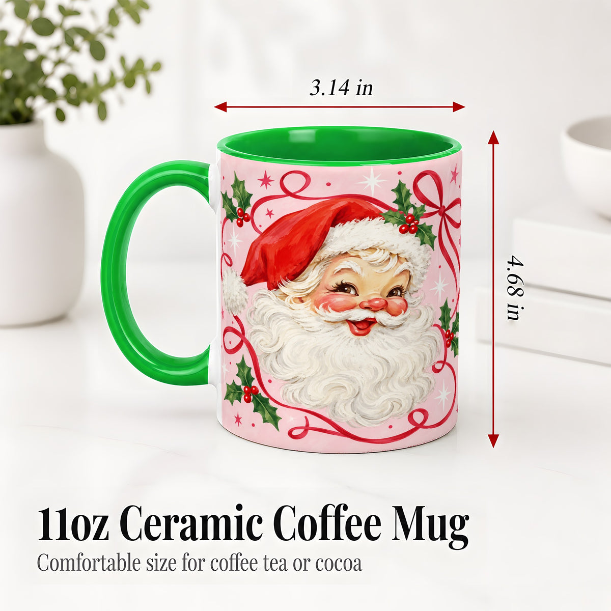 #pl[11oz|Green] Pink Santa Christmas Ceramic Mug with Holly and Ribbon Holiday Artwork