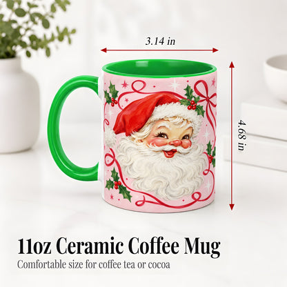 #pl[11oz|Green] Pink Santa Christmas Ceramic Mug with Holly and Ribbon Holiday Artwork