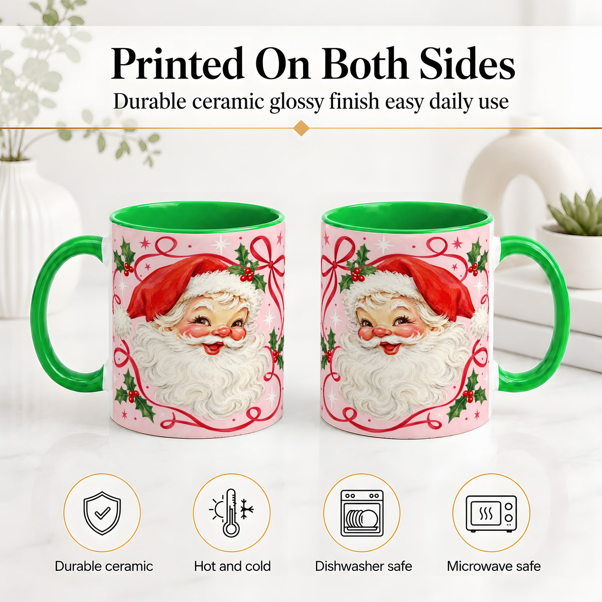 #pl[11oz|Green] Pink Santa Christmas Ceramic Mug with Holly and Ribbon Holiday Artwork