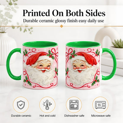 #pl[11oz|Green] Pink Santa Christmas Ceramic Mug with Holly and Ribbon Holiday Artwork