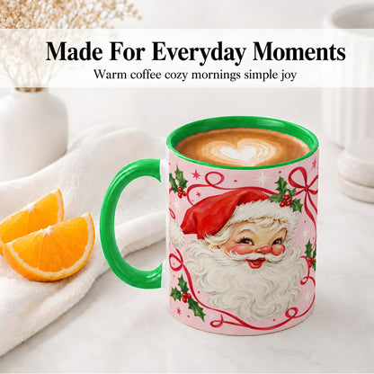 #pl[11oz|Green] Pink Santa Christmas Ceramic Mug with Holly and Ribbon Holiday Artwork