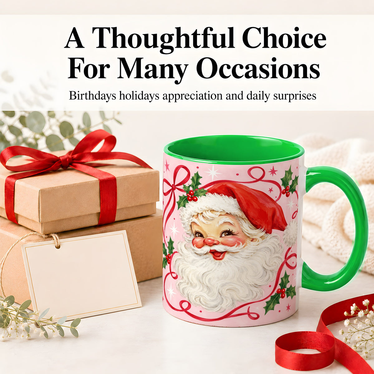 #pl[11oz|Green] Pink Santa Christmas Ceramic Mug with Holly and Ribbon Holiday Artwork
