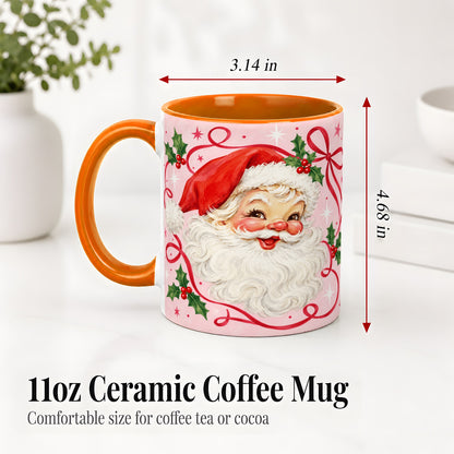 #pl[11oz|Orange] Pink Santa Christmas Ceramic Mug with Holly and Ribbon Holiday Artwork