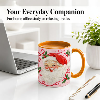 #pl[11oz|Orange] Pink Santa Christmas Ceramic Mug with Holly and Ribbon Holiday Artwork