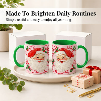 #pl[11oz|Green] Pink Santa Christmas Ceramic Mug with Holly and Ribbon Holiday Artwork