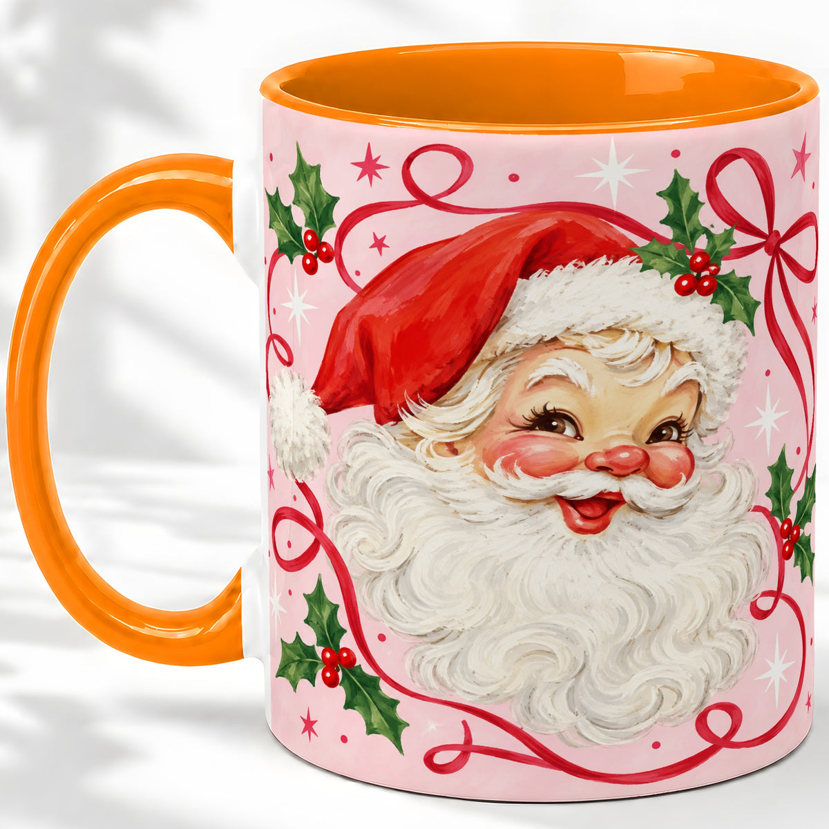 #pl[11oz|Orange] Pink Santa Christmas Ceramic Mug with Holly and Ribbon Holiday Artwork