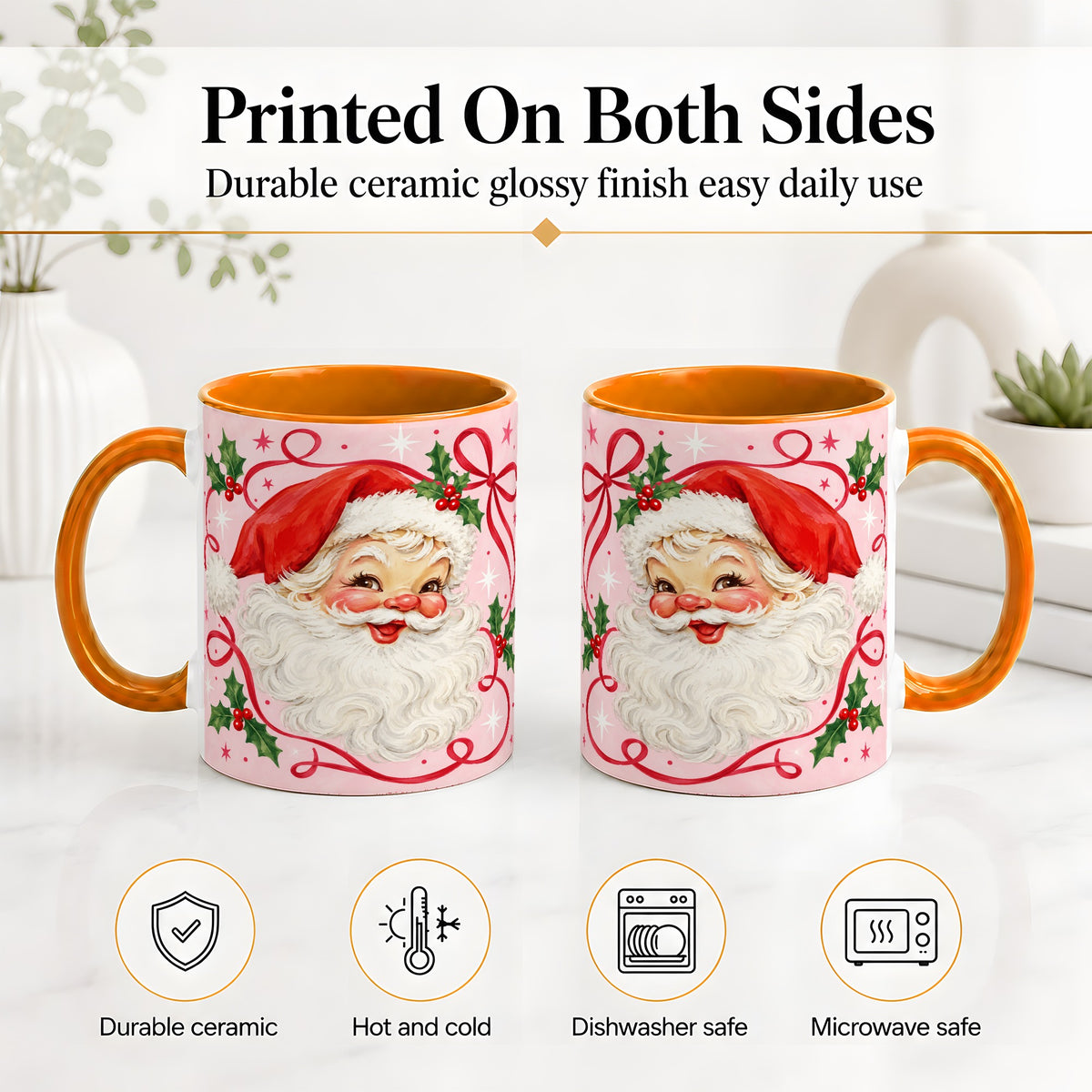 #pl[11oz|Orange] Pink Santa Christmas Ceramic Mug with Holly and Ribbon Holiday Artwork