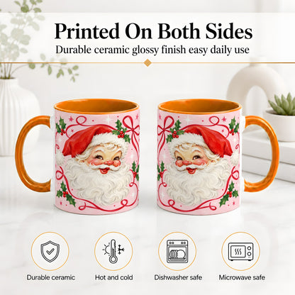 #pl[11oz|Orange] Pink Santa Christmas Ceramic Mug with Holly and Ribbon Holiday Artwork
