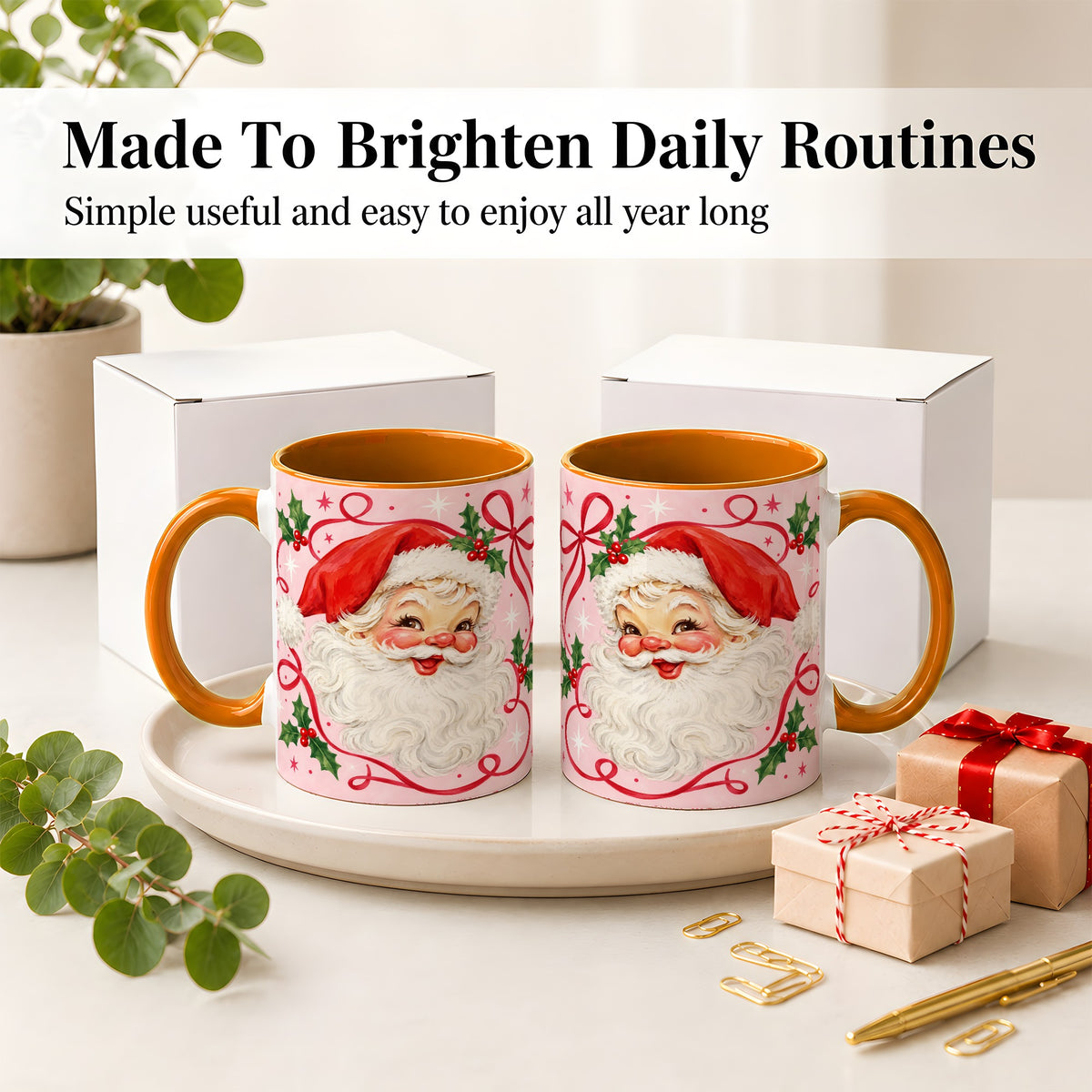 #pl[11oz|Orange] Pink Santa Christmas Ceramic Mug with Holly and Ribbon Holiday Artwork