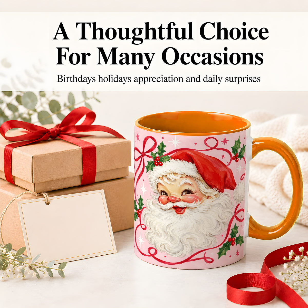 #pl[11oz|Orange] Pink Santa Christmas Ceramic Mug with Holly and Ribbon Holiday Artwork