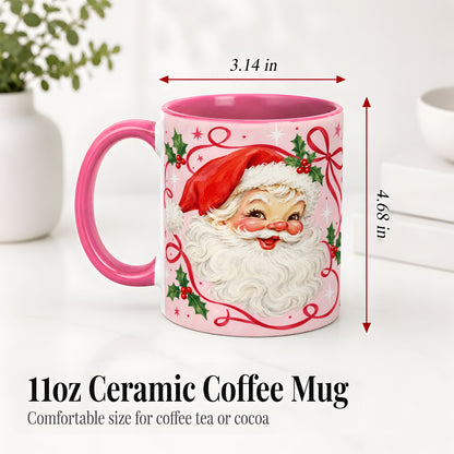 #pl[11oz|Pink] Pink Santa Christmas Ceramic Mug with Holly and Ribbon Holiday Artwork