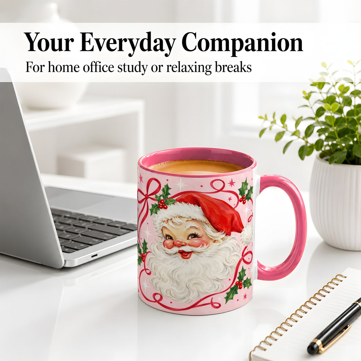 #pl[11oz|Pink] Pink Santa Christmas Ceramic Mug with Holly and Ribbon Holiday Artwork