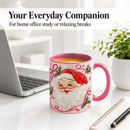 #pl[11oz|Pink] Pink Santa Christmas Ceramic Mug with Holly and Ribbon Holiday Artwork