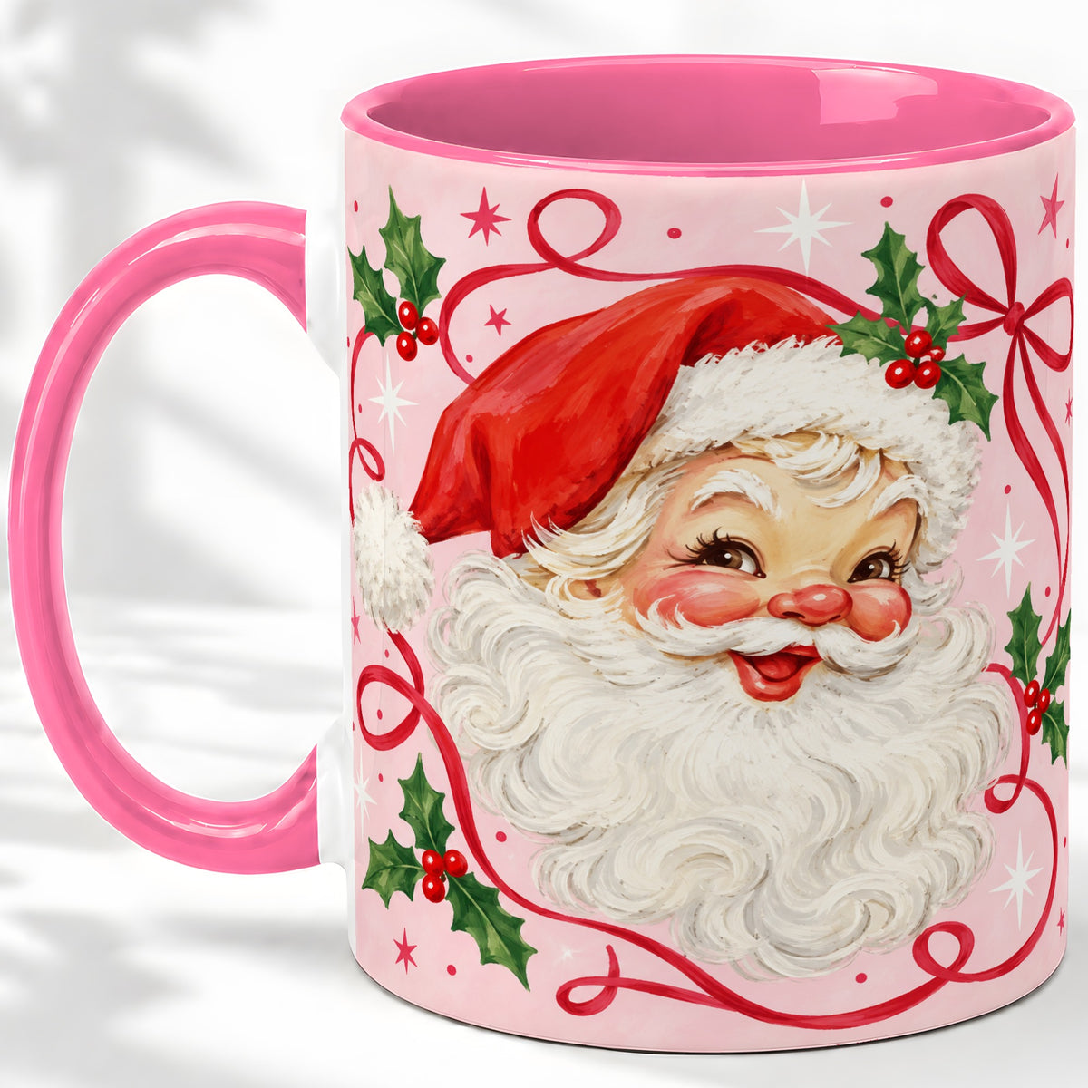 #pl[11oz|Pink] Pink Santa Christmas Ceramic Mug with Holly and Ribbon Holiday Artwork